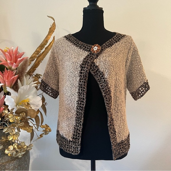 Curio Tops - Curio Vintage Boucle Knit Brown Beige Cardigan Sweater